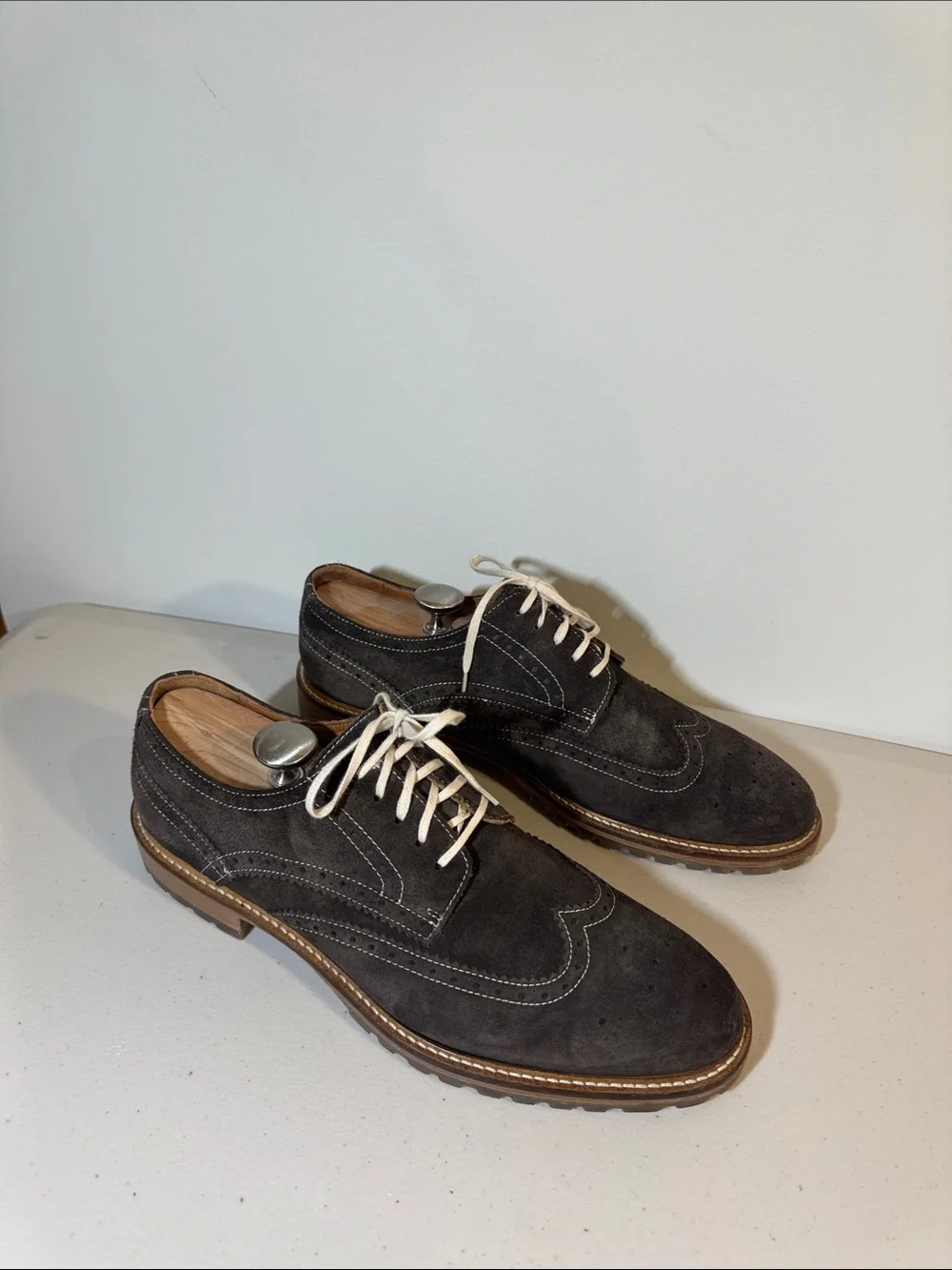 Johnston & Murphy Brown Suede Wingtip Oxfords with White Laces